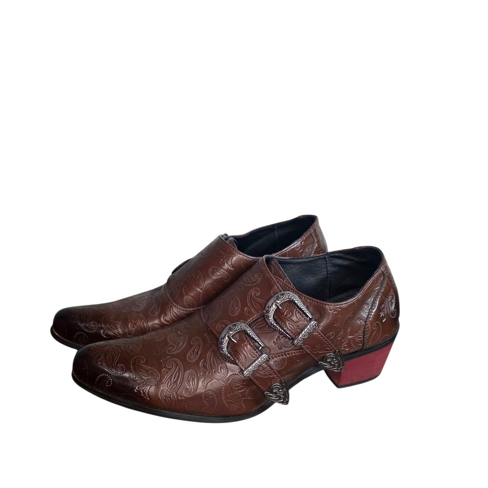 Mens Paisley Embossed Double Monk Strap Dress Shoes Brown Gothic EU 44 US   10.5